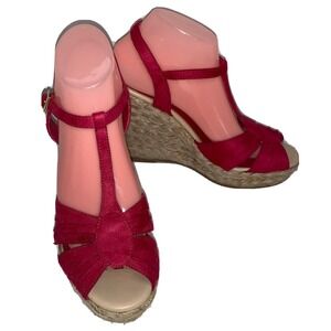 Wedge Sandals T-Strap Espadrille Platform Ankle Buckle Closure Women Size 9 Pink